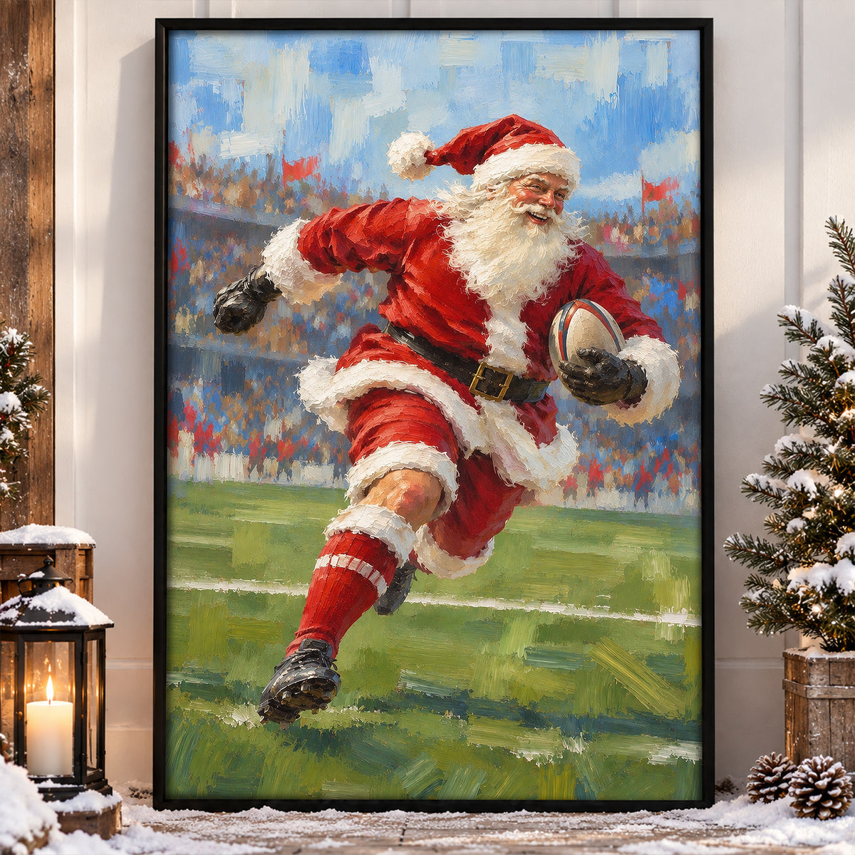 Christmas Santa Claus Rugby Canvas Painting, Santa Playing Rugby Sport Oil Painting Wall Art Decor, Xmas Poster Gift For Rugby Lover