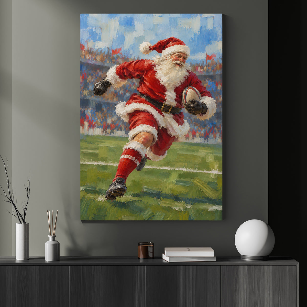 Christmas Santa Claus Rugby Canvas Painting, Santa Playing Rugby Sport Oil Painting Wall Art Decor, Xmas Poster Gift For Rugby Lover