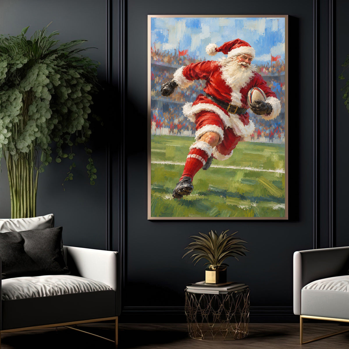 Christmas Santa Claus Rugby Canvas Painting, Santa Playing Rugby Sport Oil Painting Wall Art Decor, Xmas Poster Gift For Rugby Lover