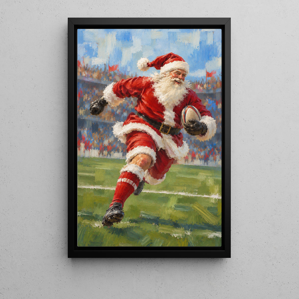 Christmas Santa Claus Rugby Canvas Painting, Santa Playing Rugby Sport Oil Painting Wall Art Decor, Xmas Poster Gift For Rugby Lover