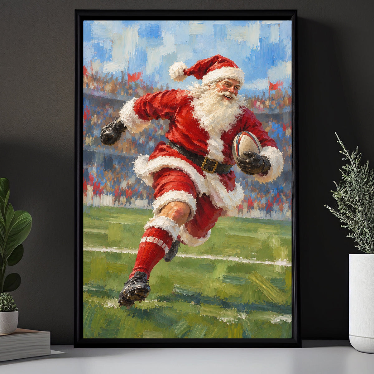 Christmas Santa Claus Rugby Canvas Painting, Santa Playing Rugby Sport Oil Painting Wall Art Decor, Xmas Poster Gift For Rugby Lover