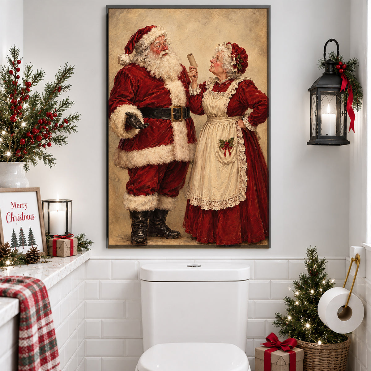 Funny Christmas Toilet Santa and Mrs Claus Canvas Painting, Santa's In Trouble Again Bathroom Wall Art Decor, Xmas Restroom Poster Gift