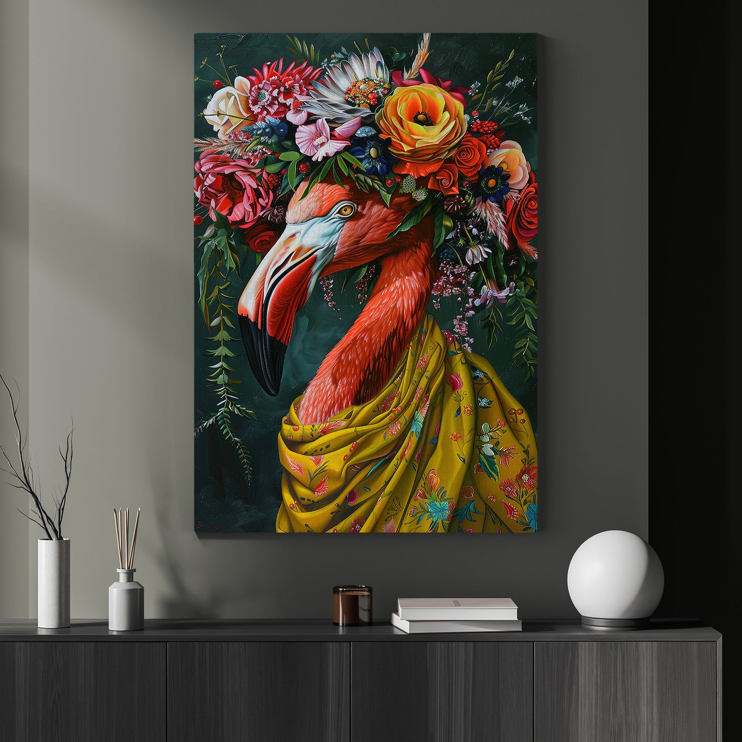 A Flamingo's Blossom Portrait, Floral Victorian Flamingo Canvas Painting, Victorian Animal Wall Art Decor, Poster Gift For Flamingo Lovers