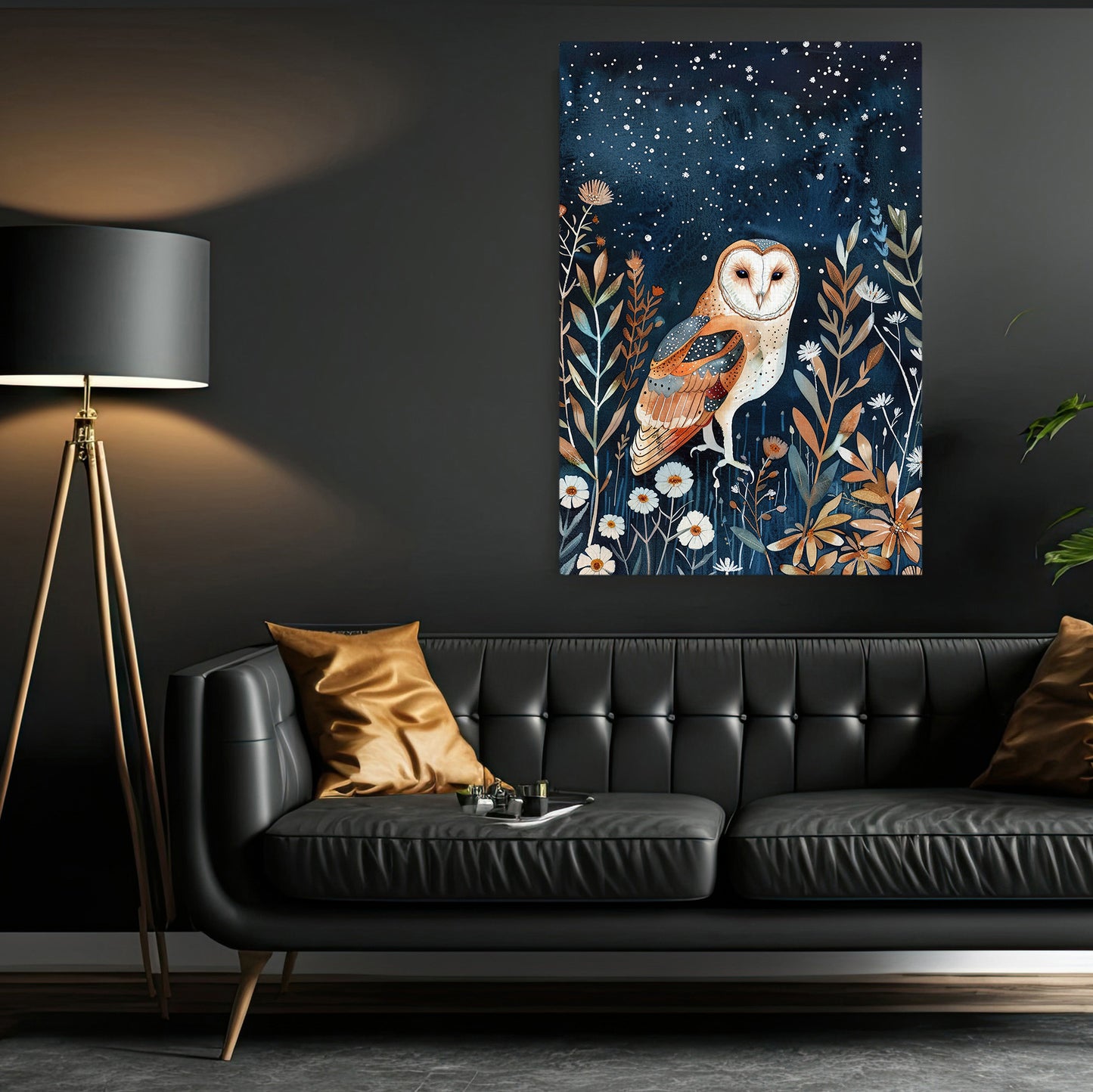 The Owl’s Starry Vigil, Moonlit Canvas Painting, Mystical Wall Art Decor, Poster Gift For Owl Lovers