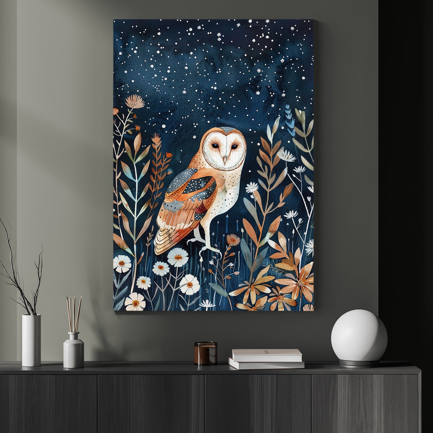 The Owl’s Starry Vigil, Moonlit Canvas Painting, Mystical Wall Art Decor, Poster Gift For Owl Lovers