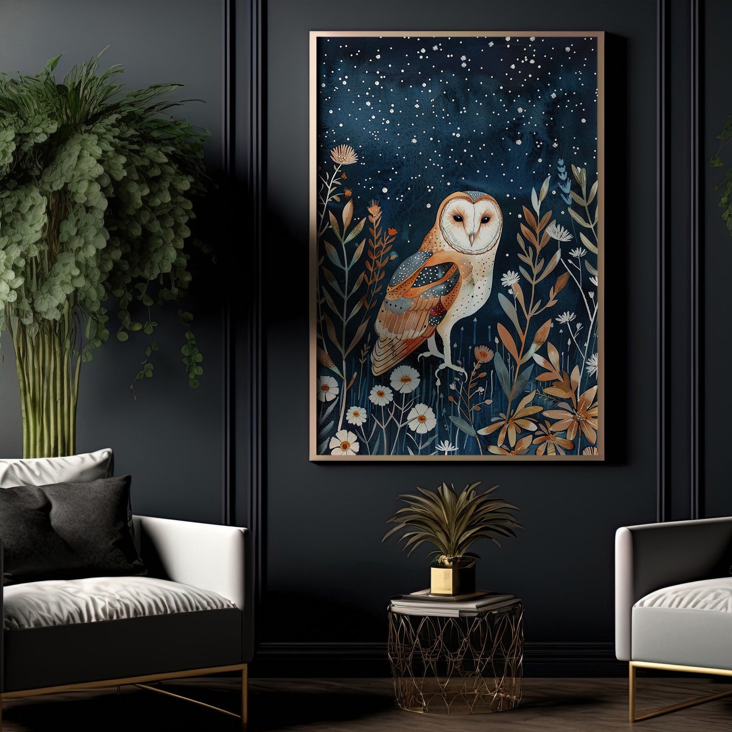 The Owl’s Starry Vigil, Moonlit Canvas Painting, Mystical Wall Art Decor, Poster Gift For Owl Lovers