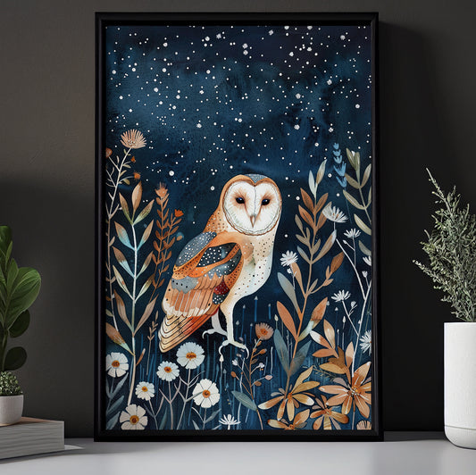 The Owl’s Starry Vigil, Moonlit Canvas Painting, Mystical Wall Art Decor, Poster Gift For Owl Lovers