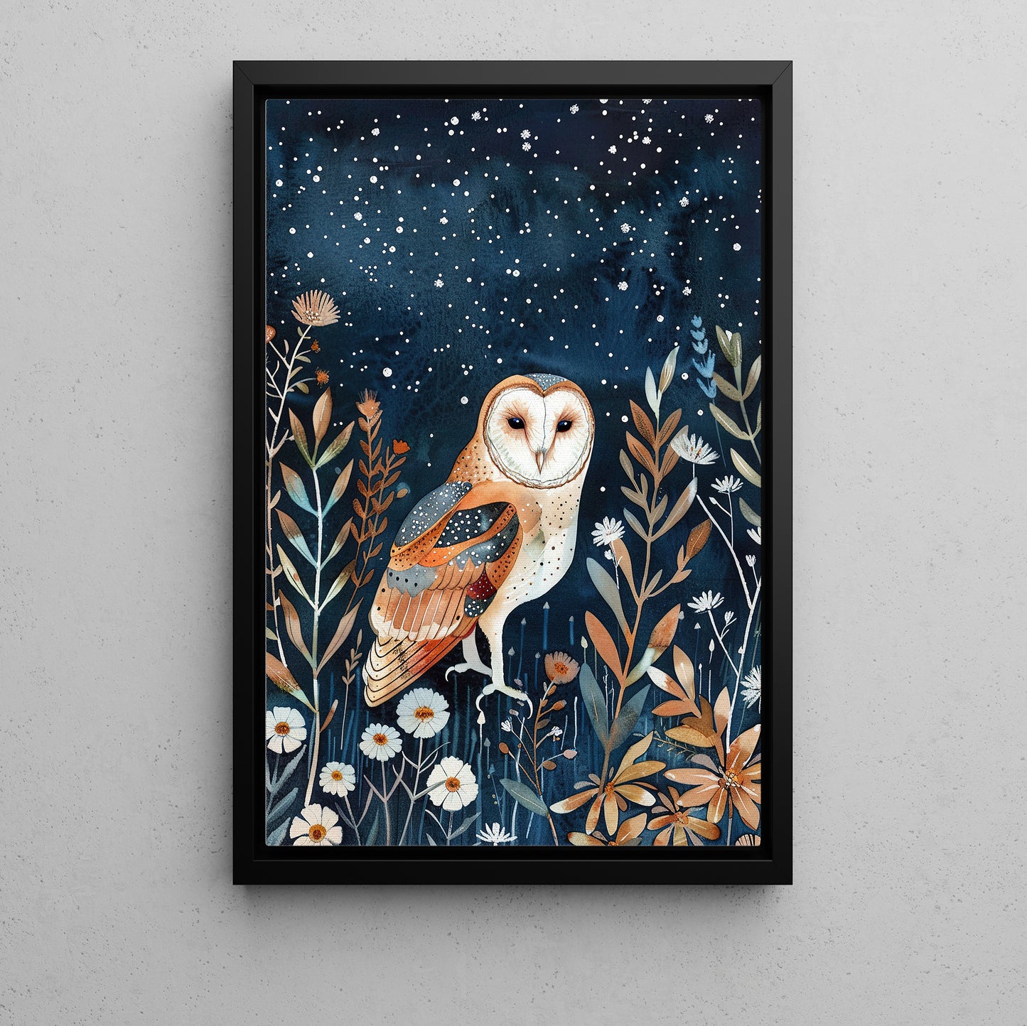 The Owl’s Starry Vigil, Moonlit Canvas Painting, Mystical Wall Art Decor, Poster Gift For Owl Lovers