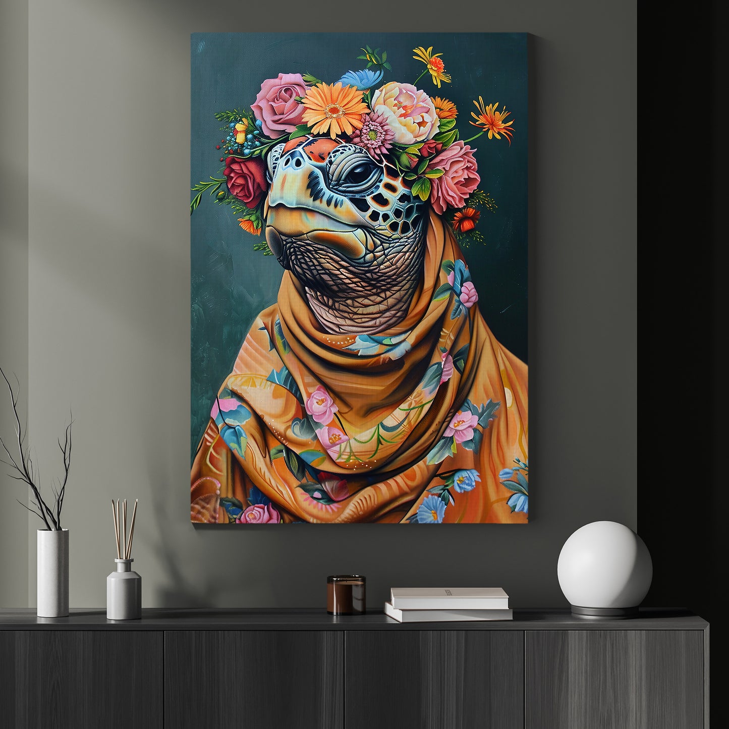 A Turtle's Blossom Portrait, Floral Victorian Turtle Canvas Painting, Victorian Animal Wall Art Decor, Poster Gift For Turtle Lovers