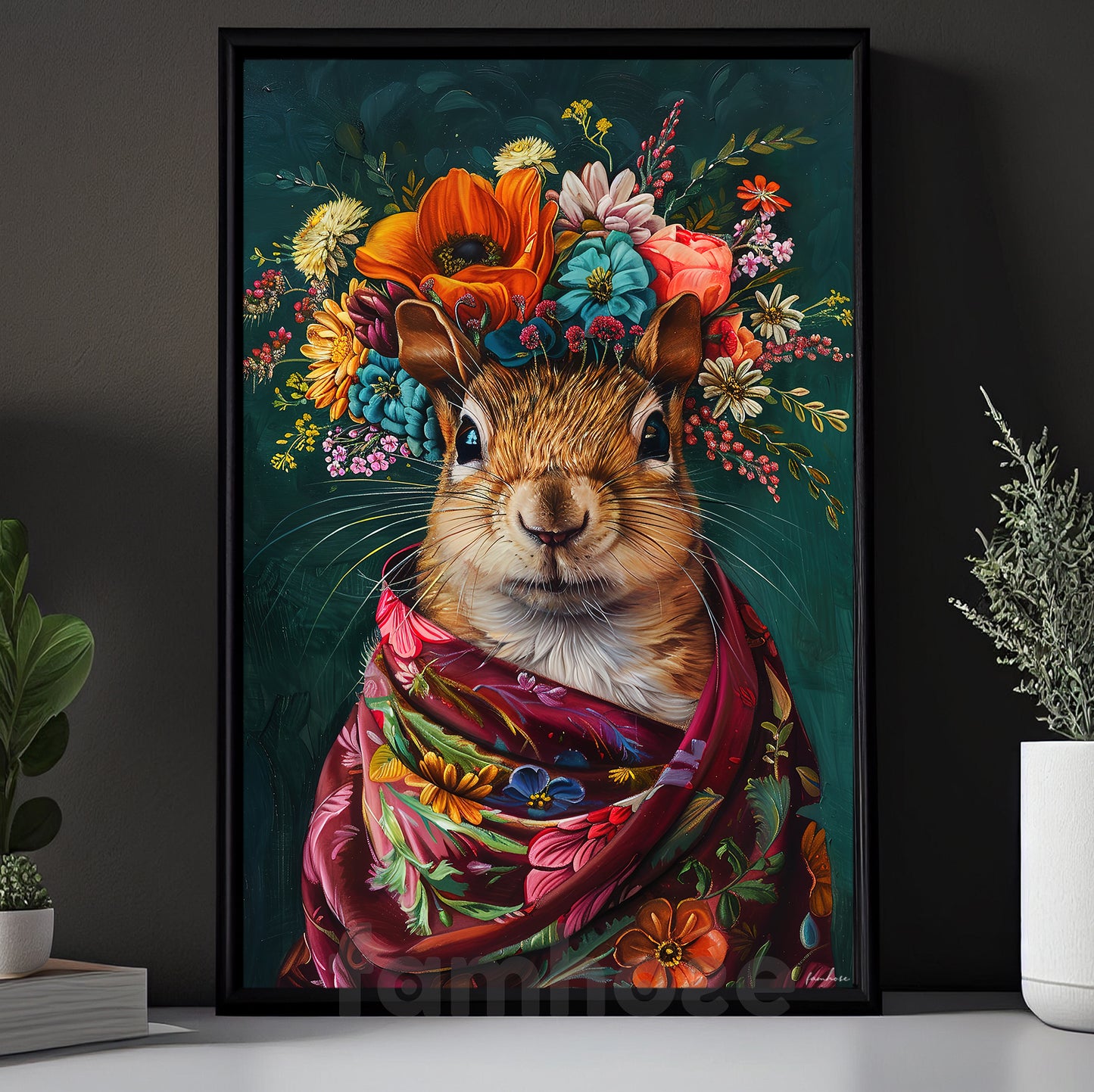 Floral Squirrel Canvas Painting, Elegant Squirrel In Floral Cloak Wall Art Decor, Poster Gift For Squirrel Lovers