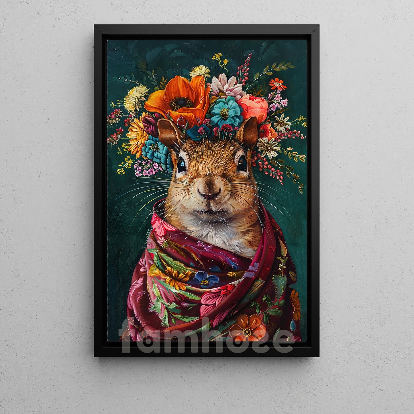 Floral Squirrel Canvas Painting, Elegant Squirrel In Floral Cloak Wall Art Decor, Poster Gift For Squirrel Lovers