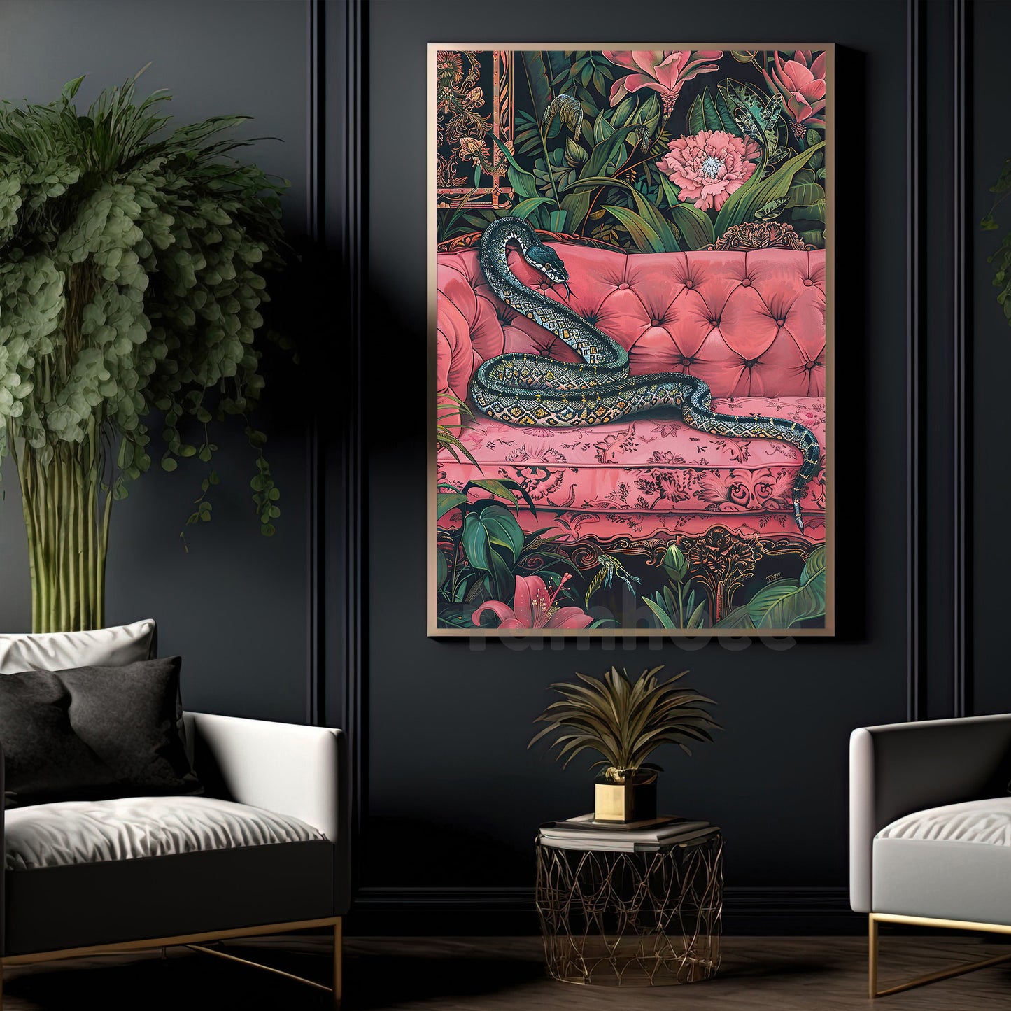 Tropical Snake Canvas Painting, Elegant Snake On Pink Sofa Wall Art Decor, Poster Gift For Snake Lovers