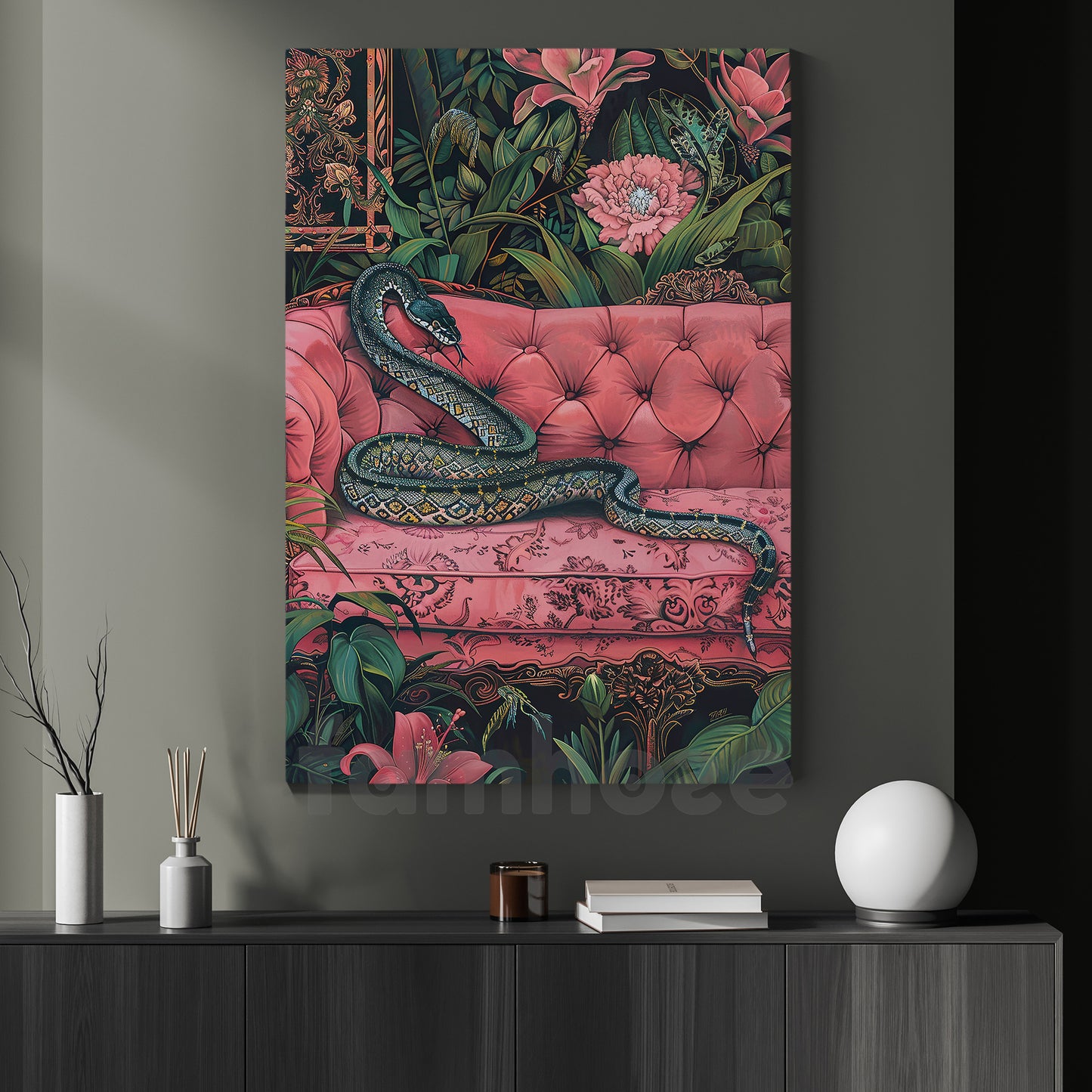 Tropical Snake Canvas Painting, Elegant Snake On Pink Sofa Wall Art Decor, Poster Gift For Snake Lovers