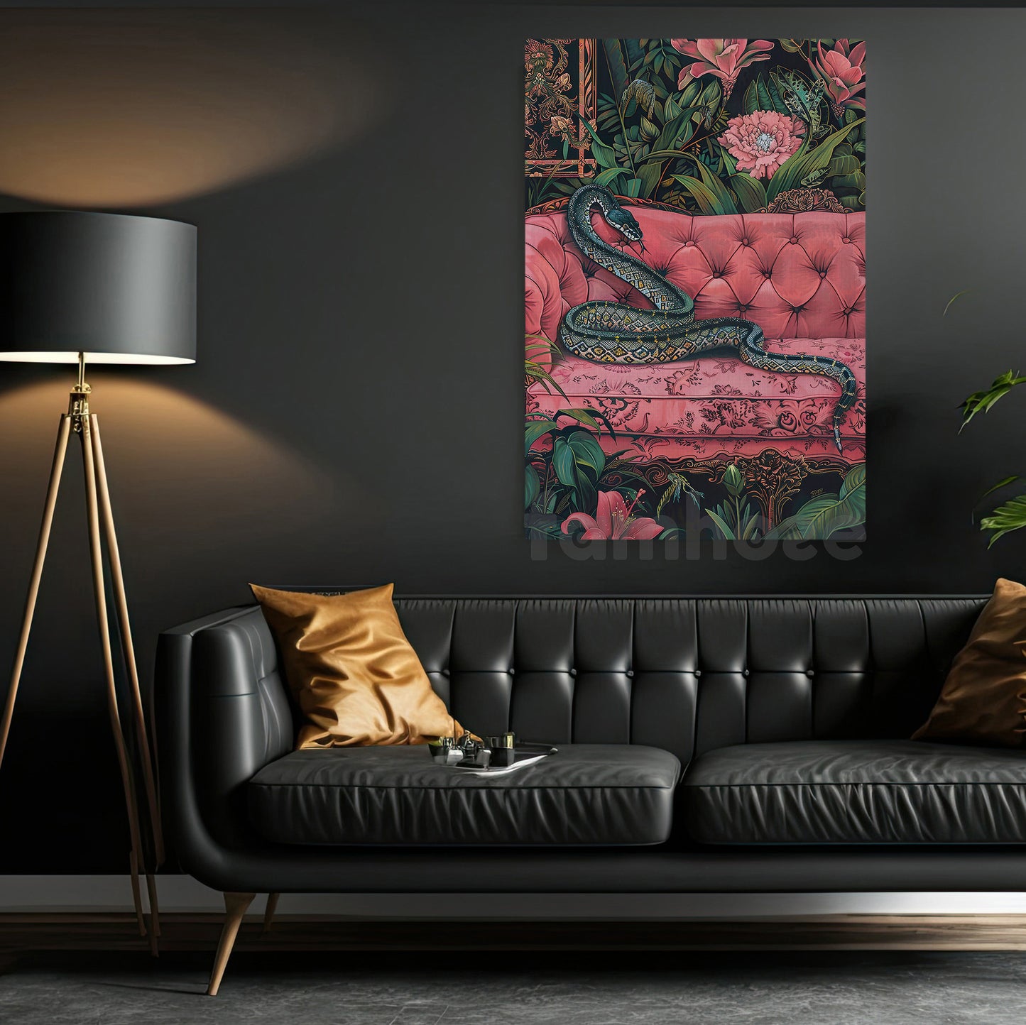 Tropical Snake Canvas Painting, Elegant Snake On Pink Sofa Wall Art Decor, Poster Gift For Snake Lovers