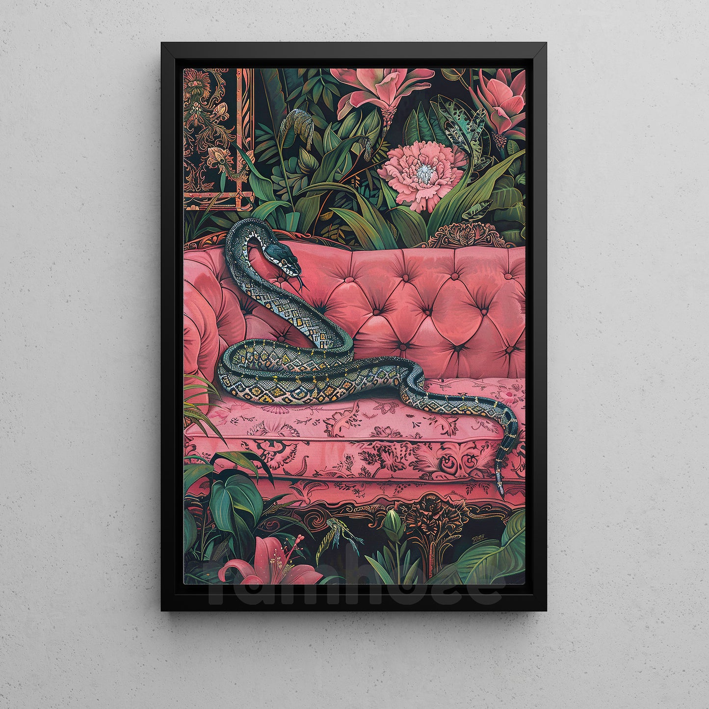 Tropical Snake Canvas Painting, Elegant Snake On Pink Sofa Wall Art Decor, Poster Gift For Snake Lovers