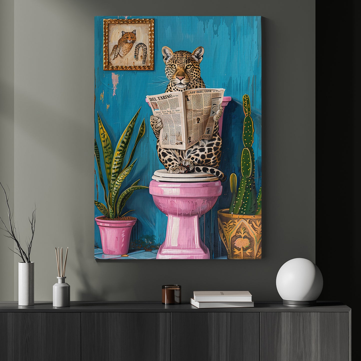 Bathroom Breaks, Victorian Leopard Canvas Painting, Victorian Animal Wall Art Decor, Poster Gift For Leopard Lovers