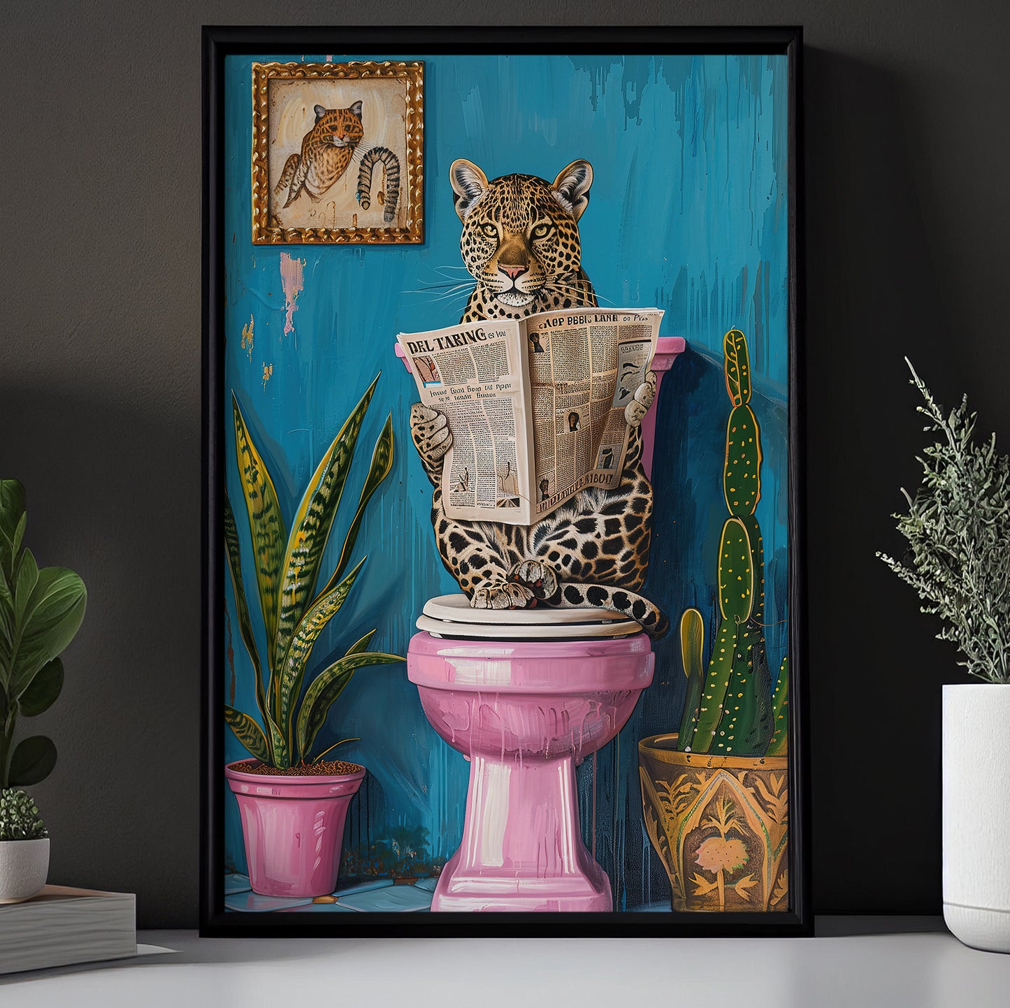 Bathroom Breaks, Victorian Leopard Canvas Painting, Victorian Animal Wall Art Decor, Poster Gift For Leopard Lovers