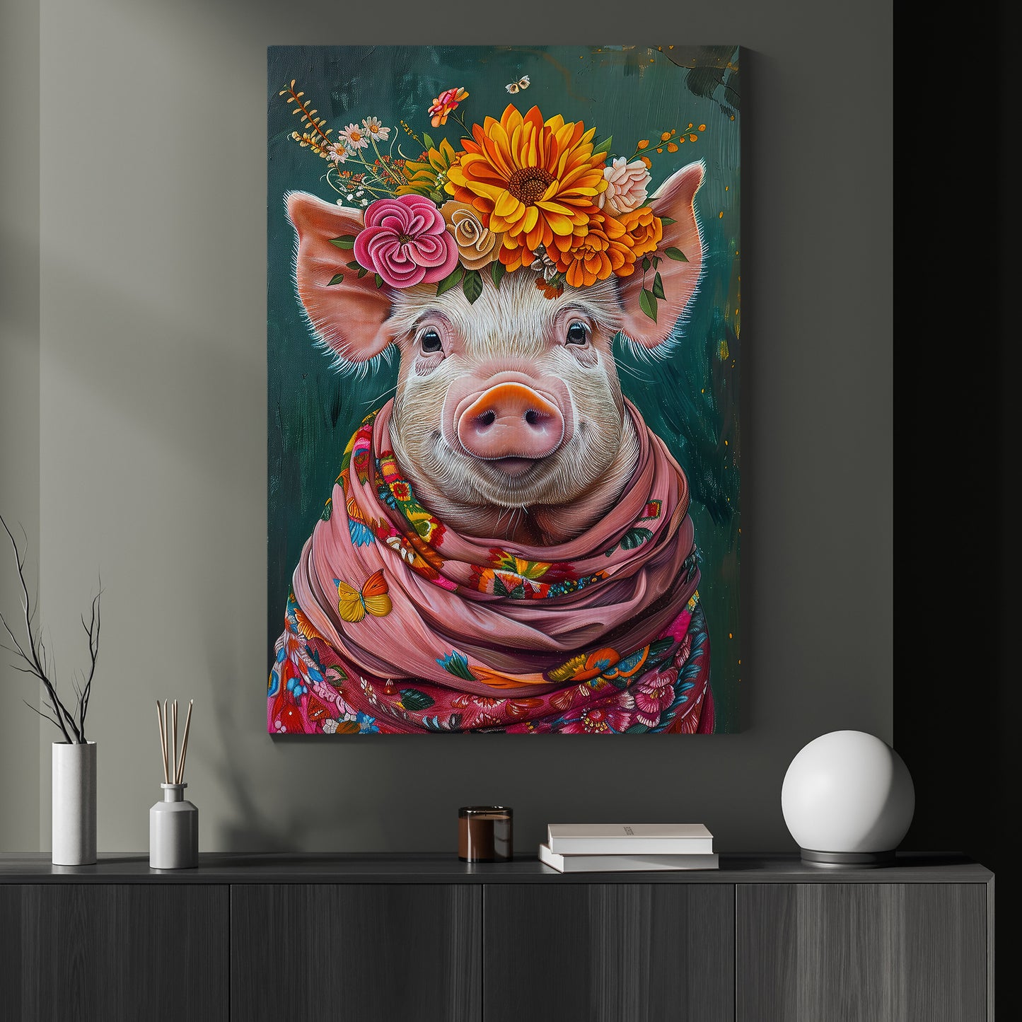 Floral Victorian Pig Canvas Painting, Victorian Animal Wall Art Decor, Poster Gift For Pig Lovers