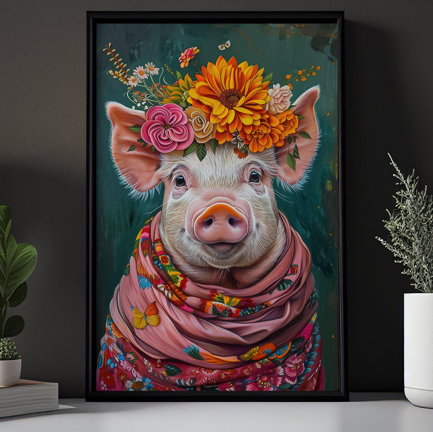 Floral Victorian Pig Canvas Painting, Victorian Animal Wall Art Decor, Poster Gift For Pig Lovers