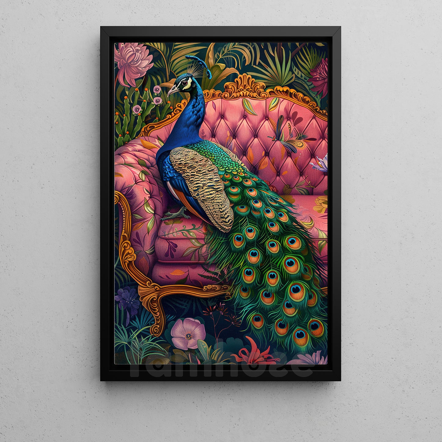 Peacock Canvas Painting, Elegant Peacock On Pink Sofa Wall Art Decor, Poster Gift For Peacock Lovers