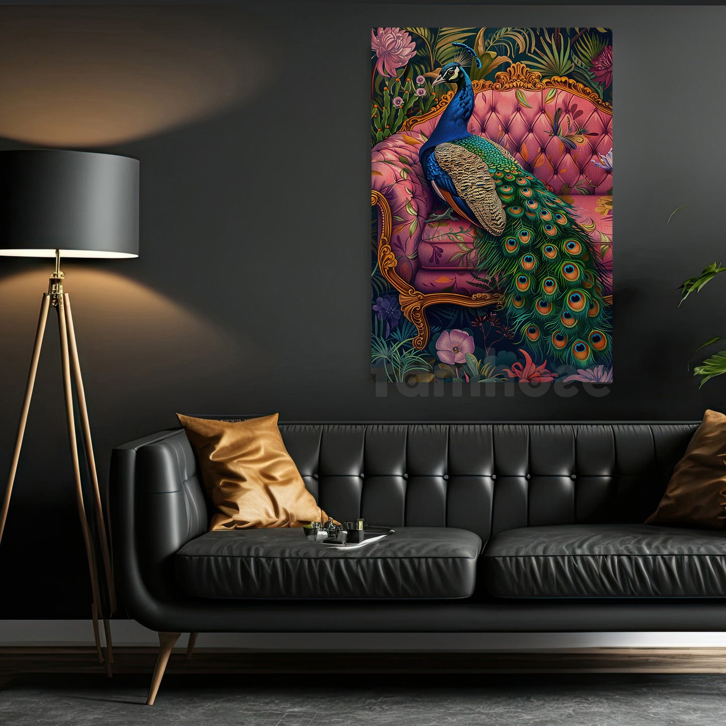 Peacock Canvas Painting, Elegant Peacock On Pink Sofa Wall Art Decor, Poster Gift For Peacock Lovers