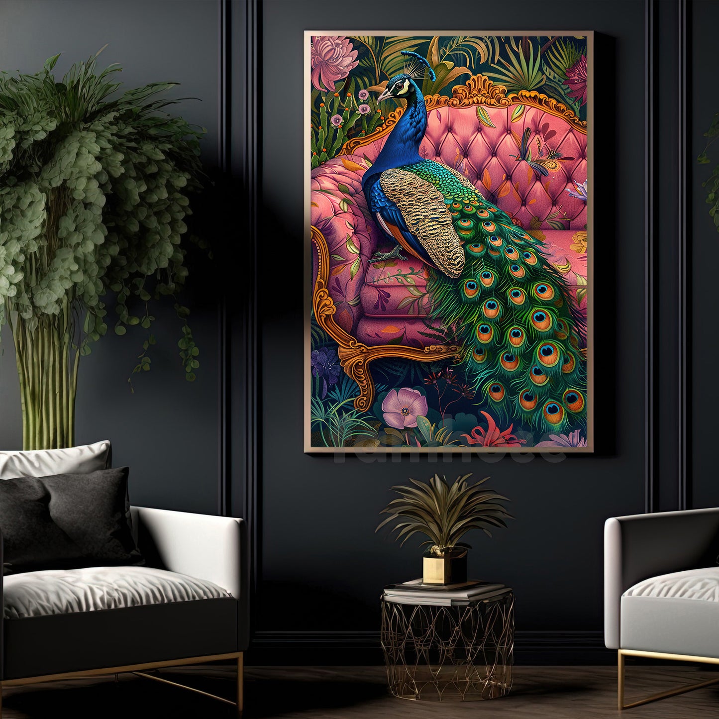 Peacock Canvas Painting, Elegant Peacock On Pink Sofa Wall Art Decor, Poster Gift For Peacock Lovers