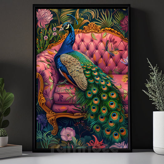 Peacock Canvas Painting, Elegant Peacock On Pink Sofa Wall Art Decor, Poster Gift For Peacock Lovers