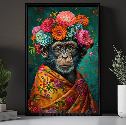 Floral Monkey Canvas Painting, Artistic Chimp Wall Art Decor, Poster Gift For Monkey Lovers