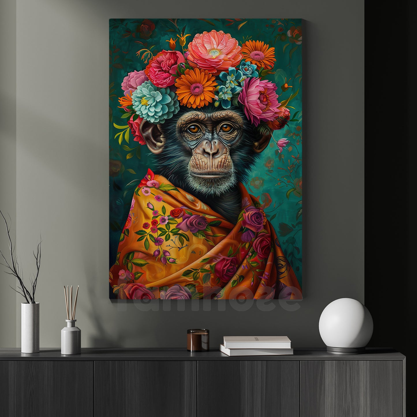 Floral Monkey Canvas Painting, Artistic Chimp Wall Art Decor, Poster Gift For Monkey Lovers