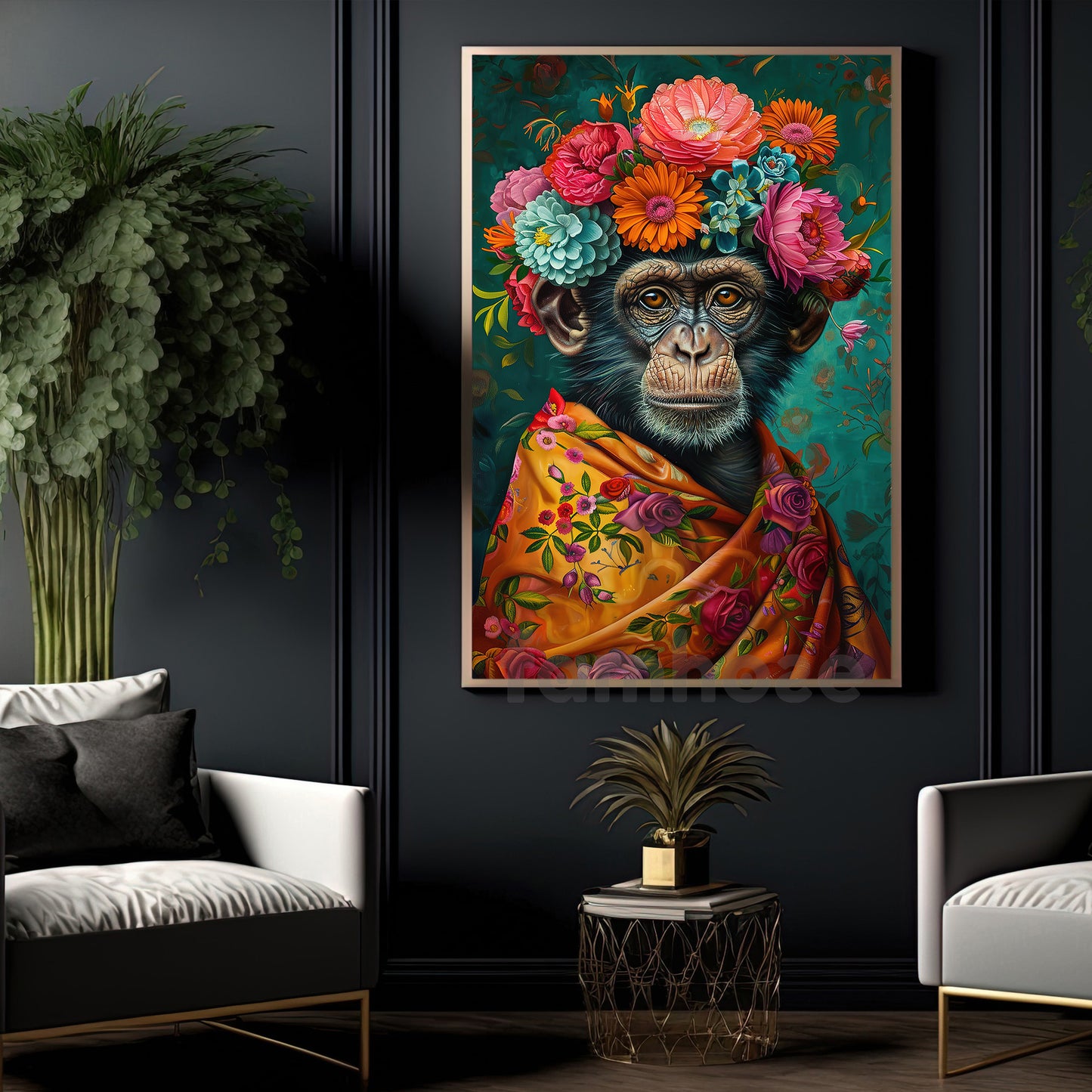 Floral Monkey Canvas Painting, Artistic Chimp Wall Art Decor, Poster Gift For Monkey Lovers