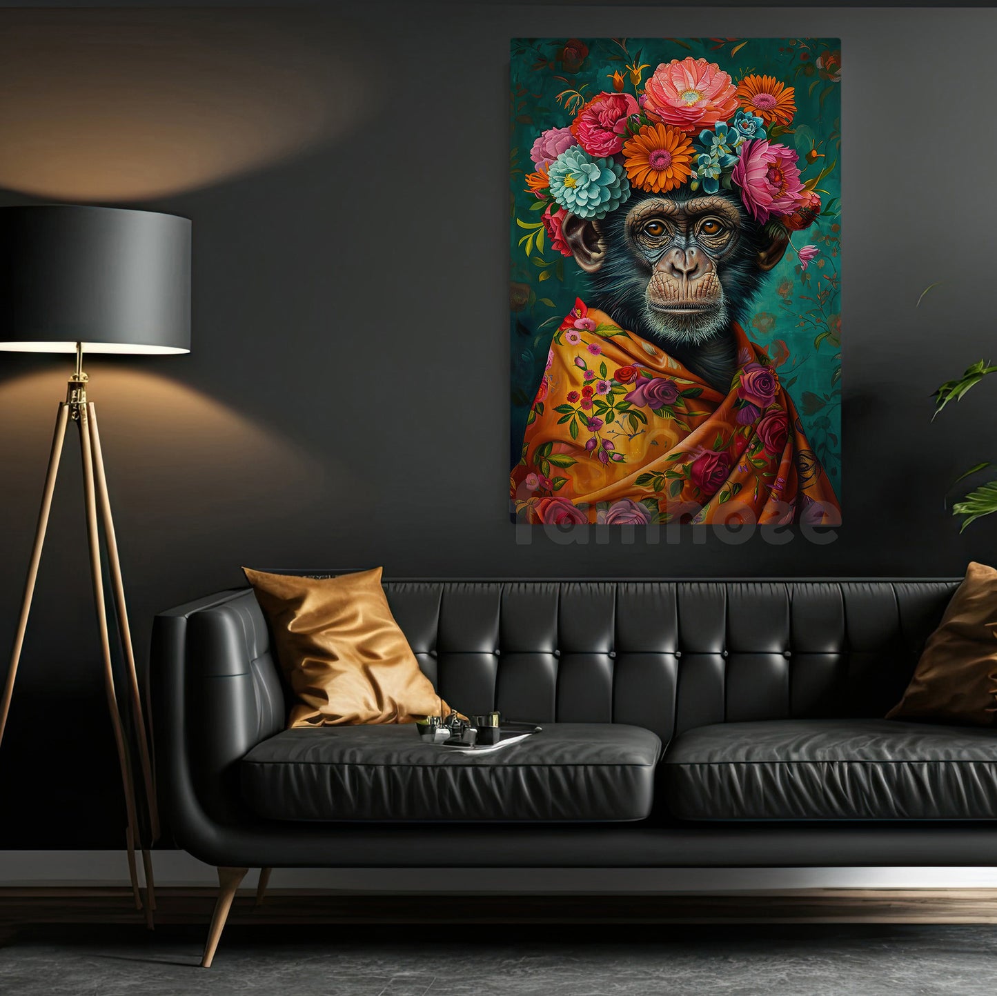 Floral Monkey Canvas Painting, Artistic Chimp Wall Art Decor, Poster Gift For Monkey Lovers