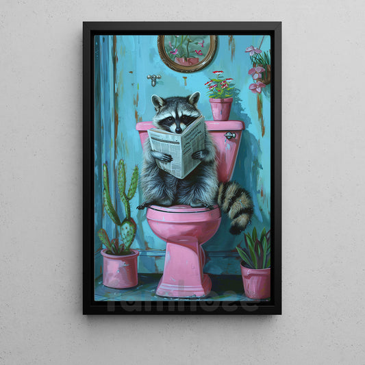 Funny Raccoon Bathroom Canvas Painting, Reading Raccoon Wall Art Decor, Poster Gift To Decor House Or Toilet