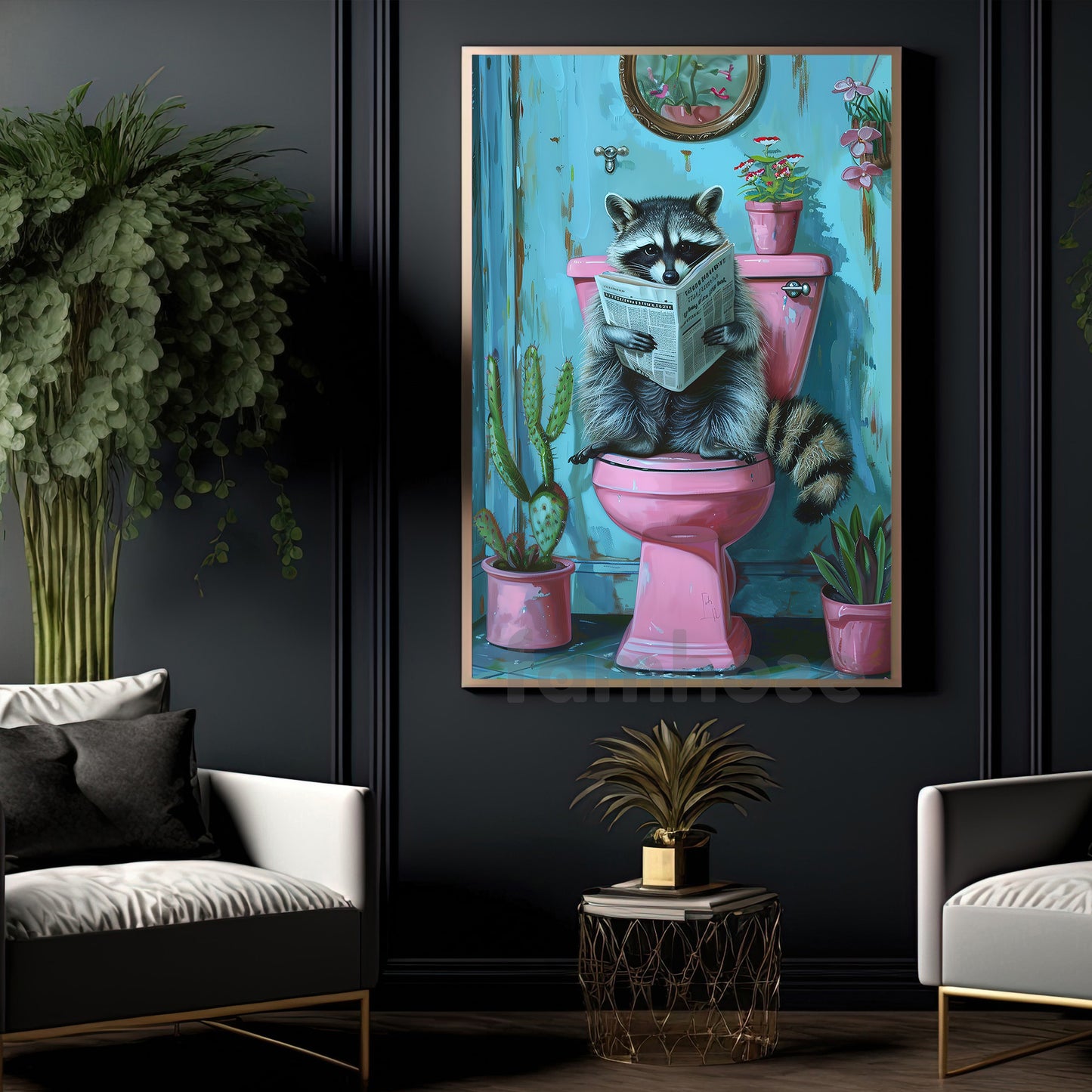 Funny Raccoon Bathroom Canvas Painting, Reading Raccoon Wall Art Decor, Poster Gift To Decor House Or Toilet