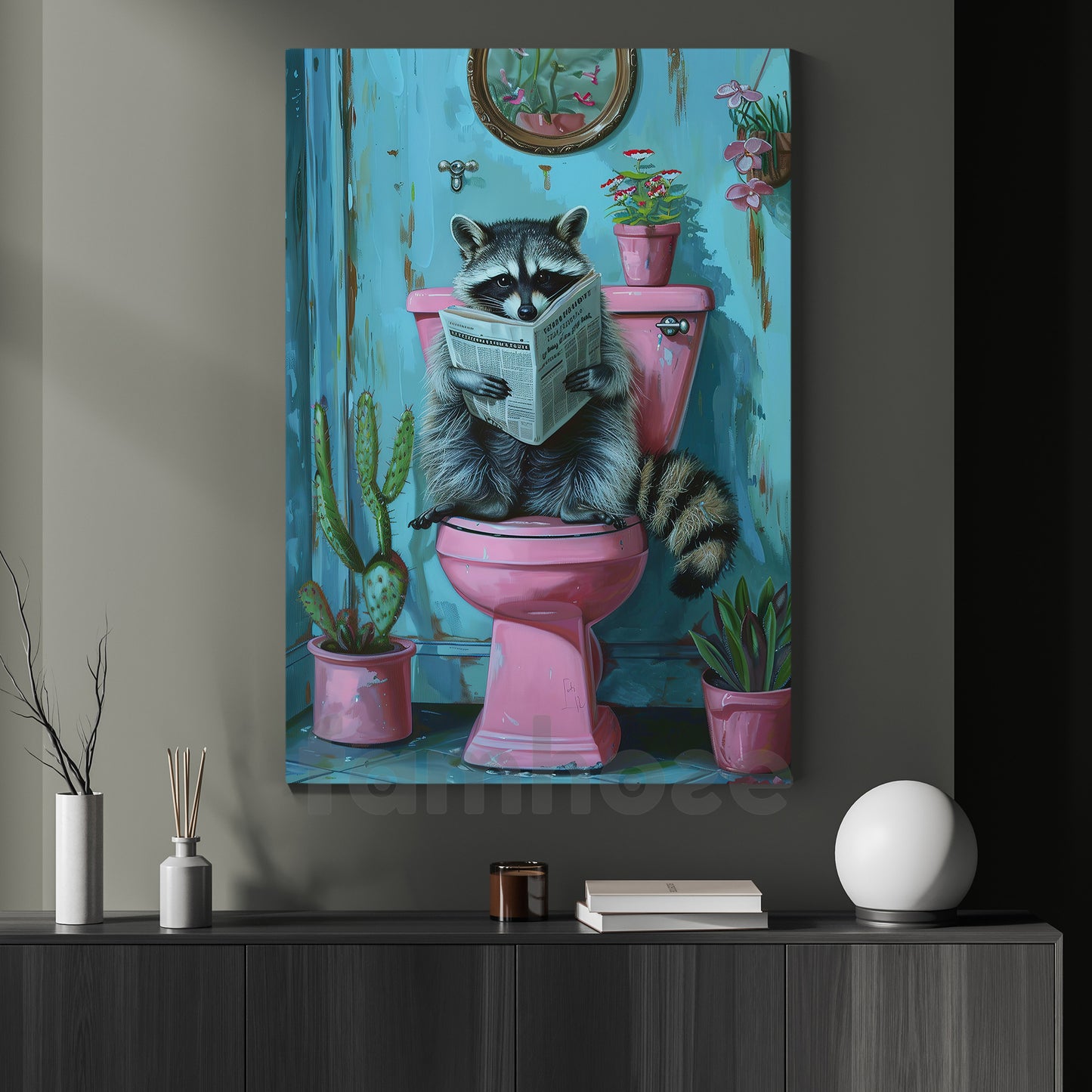 Funny Raccoon Bathroom Canvas Painting, Reading Raccoon Wall Art Decor, Poster Gift To Decor House Or Toilet