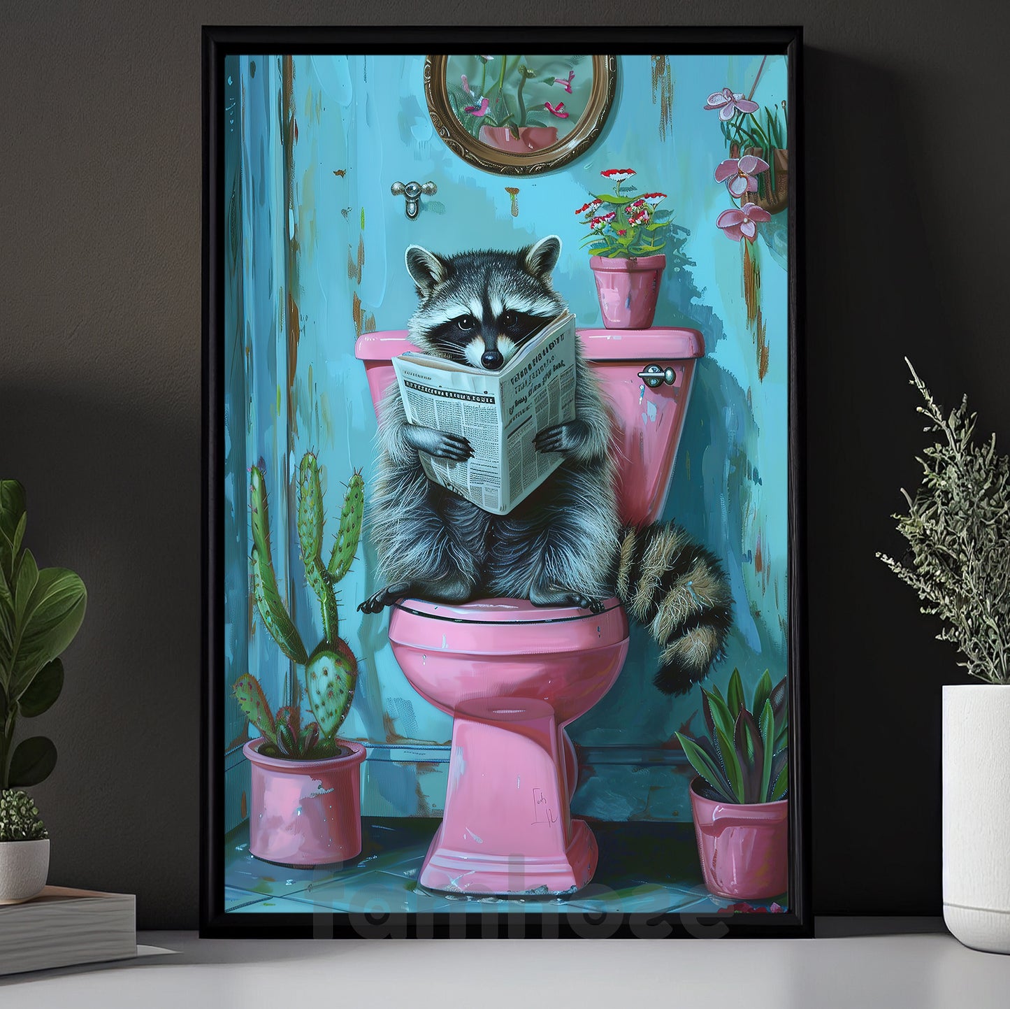 Funny Raccoon Bathroom Canvas Painting, Reading Raccoon Wall Art Decor, Poster Gift To Decor House Or Toilet