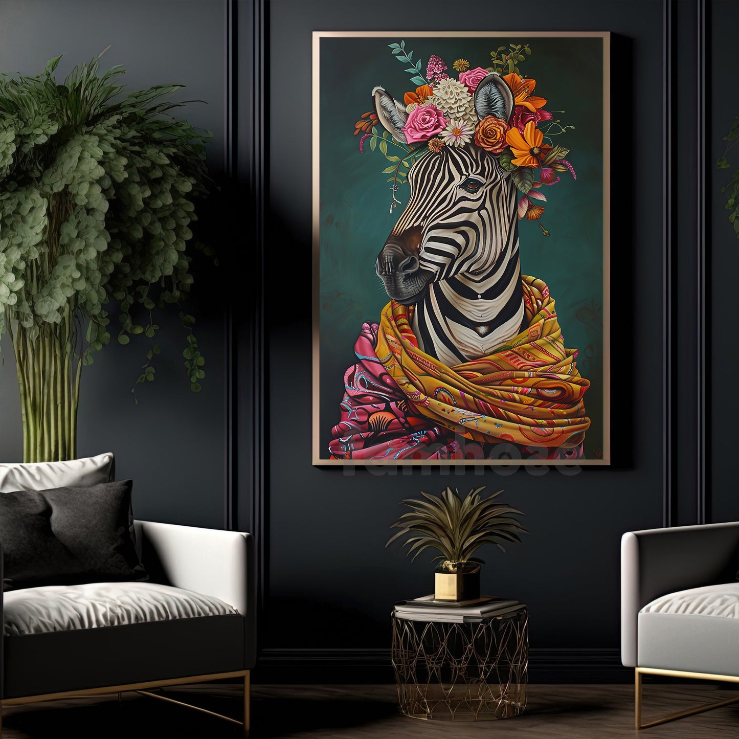 Regal Zebra Canvas Painting, The Floral Monarch Wall Art Decor, Poster Gift For Zebra Lovers