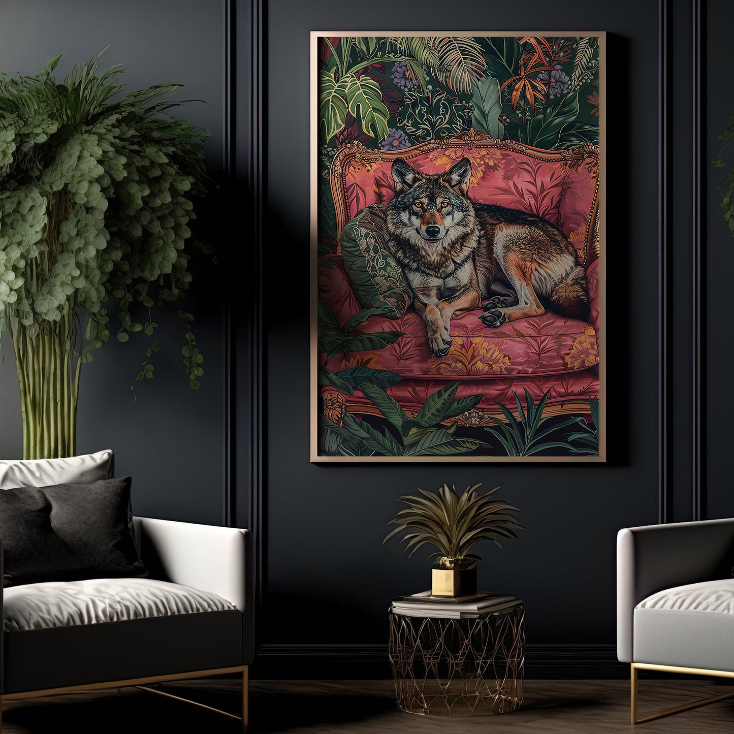 The Wolf's Luxe Lounge, Floral Victorian Wolf Canvas Painting, Victorian Animal Wall Art Decor, Poster Gift For Wolf Lovers