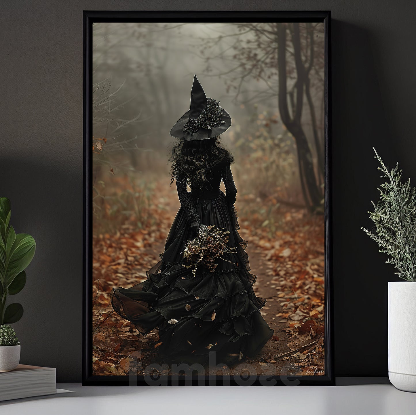 Halloween Witch Canvas Painting, Dark Earth Witch In Forest Spooky Season Wall Art Decor, Halloween Poster Gift For Witch Lover