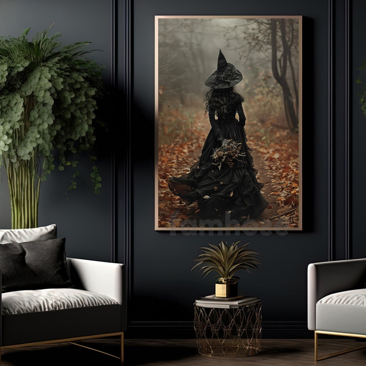 Halloween Witch Canvas Painting, Dark Earth Witch In Forest Spooky Season Wall Art Decor, Halloween Poster Gift For Witch Lover
