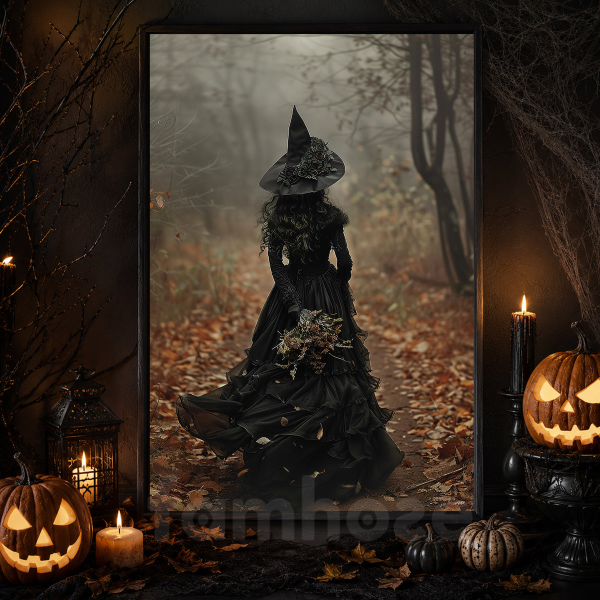 Halloween Witch Canvas Painting, Dark Earth Witch In Forest Spooky Season Wall Art Decor, Halloween Poster Gift For Witch Lover