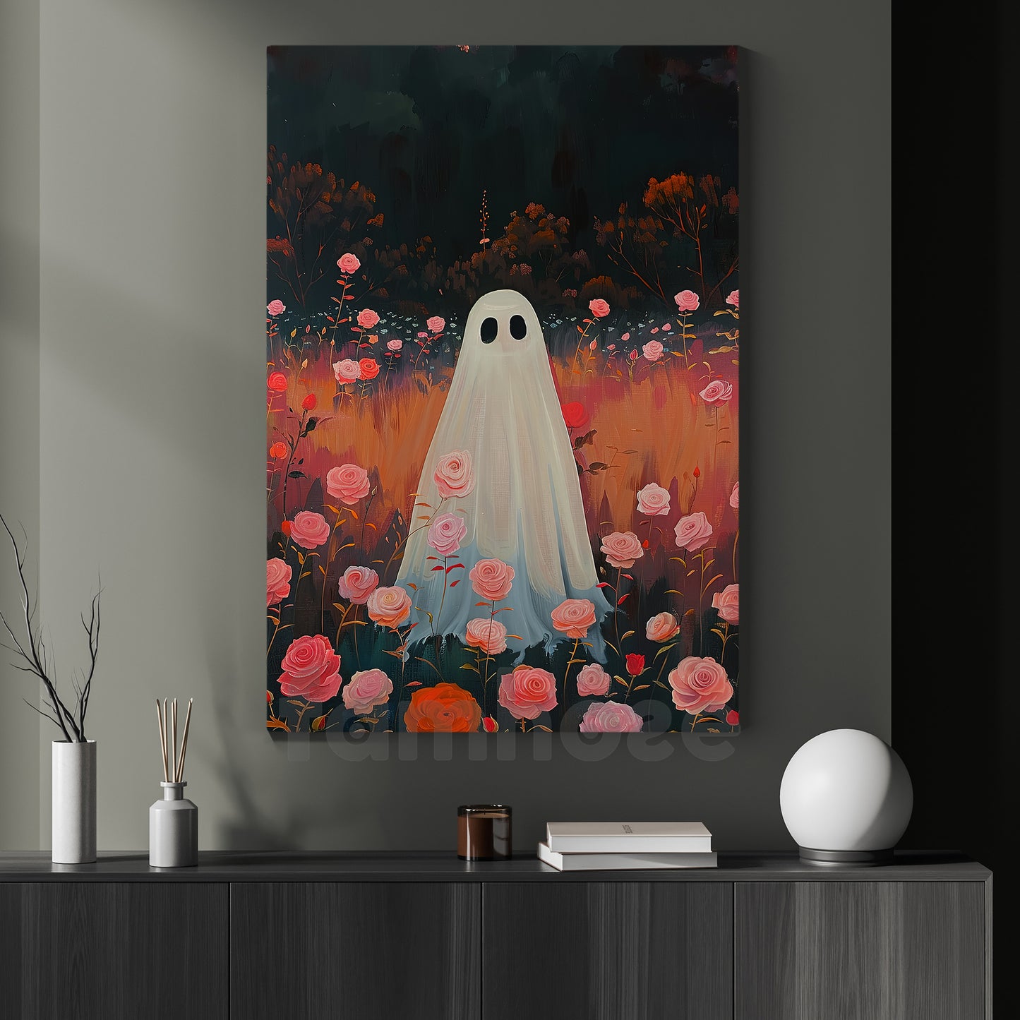 Halloween Boo Canvas Painting, Blooming Spirit Wall Art Decor, Spooky Season Poster Gift For Ghost Lovers