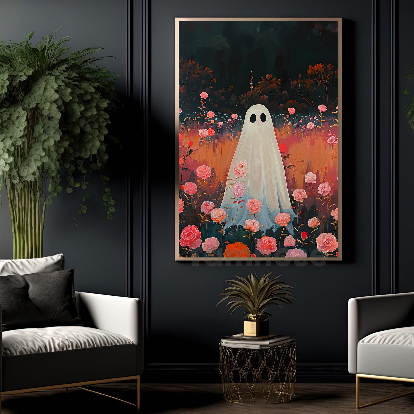 Halloween Boo Canvas Painting, Blooming Spirit Wall Art Decor, Spooky Season Poster Gift For Ghost Lovers