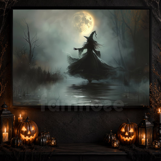 Whispers Of The Misty Moon, Witch Canvas Painting, Spooky Season Wall Art Decor, Halloween Poster Gift For Witch Lovers