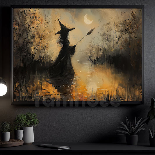 Halloween Witch Canvas Painting, The Last Spell Before Midnight Wall Art Decor, Spooky Season Poster Gift For Witch Lover