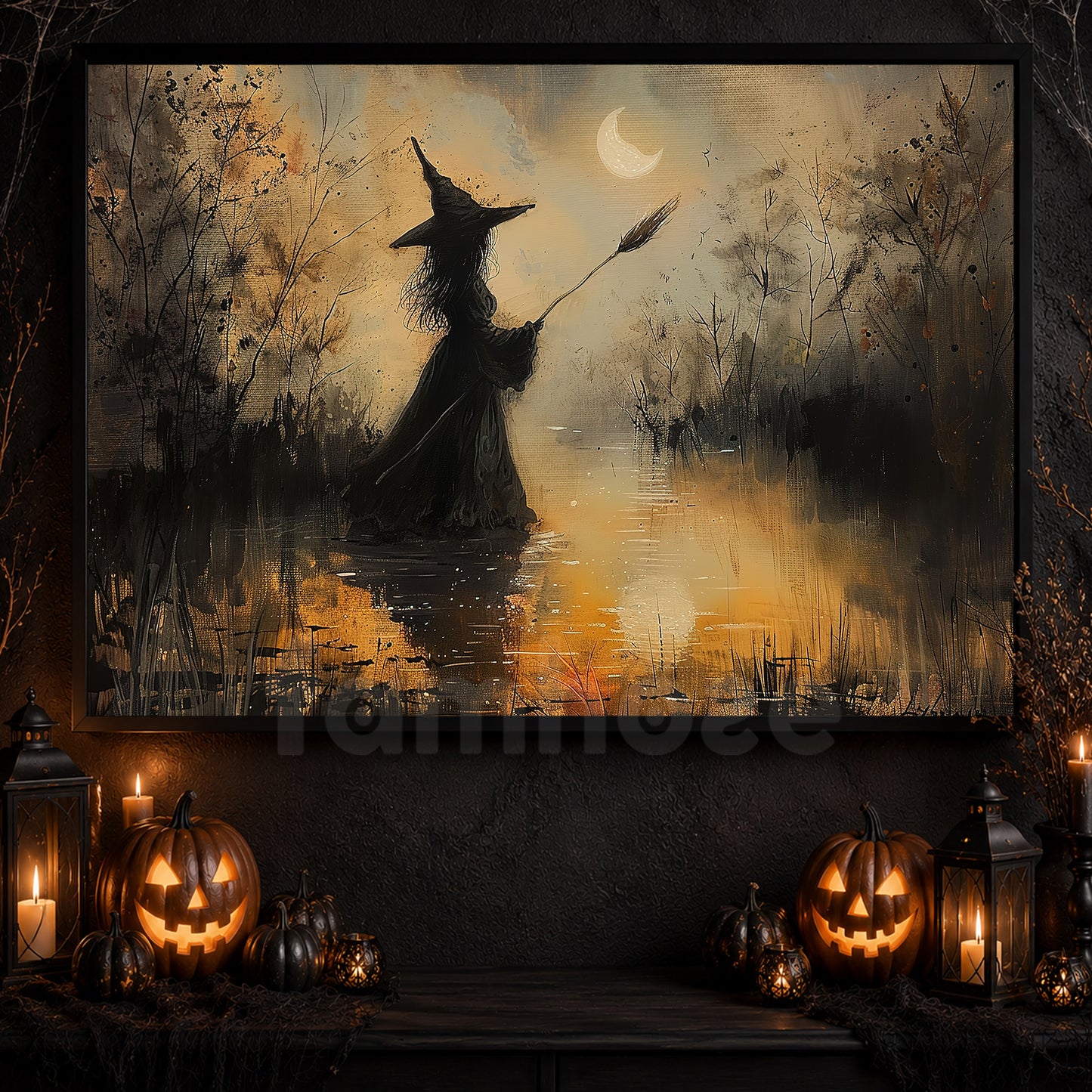 Halloween Witch Canvas Painting, The Last Spell Before Midnight Wall Art Decor, Spooky Season Poster Gift For Witch Lover