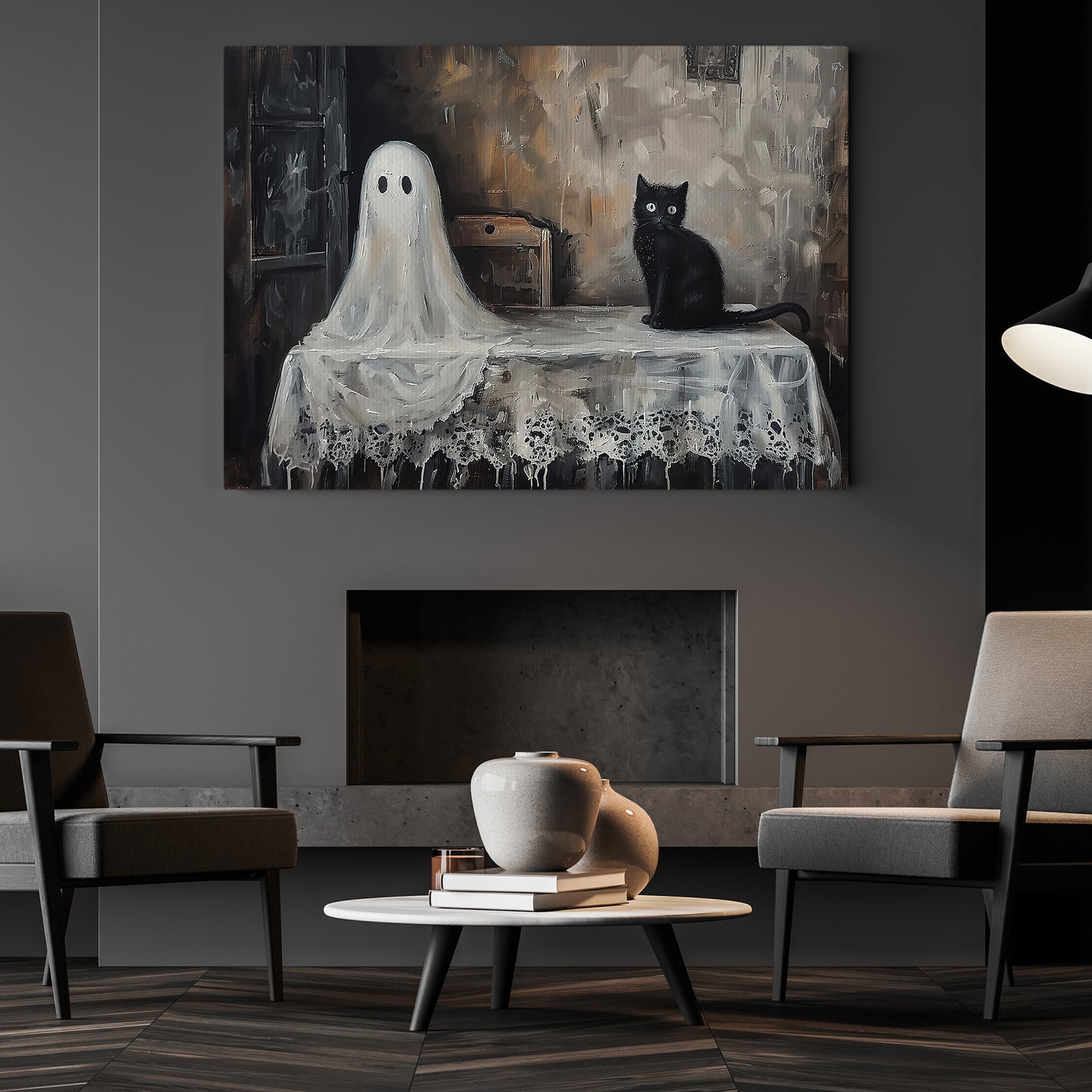 Ghostly Gaze And Feline Grace, Ghost Canvas Painting, Spooky Season Wall Art Decor, Halloween Poster Gift For Ghost Lovers