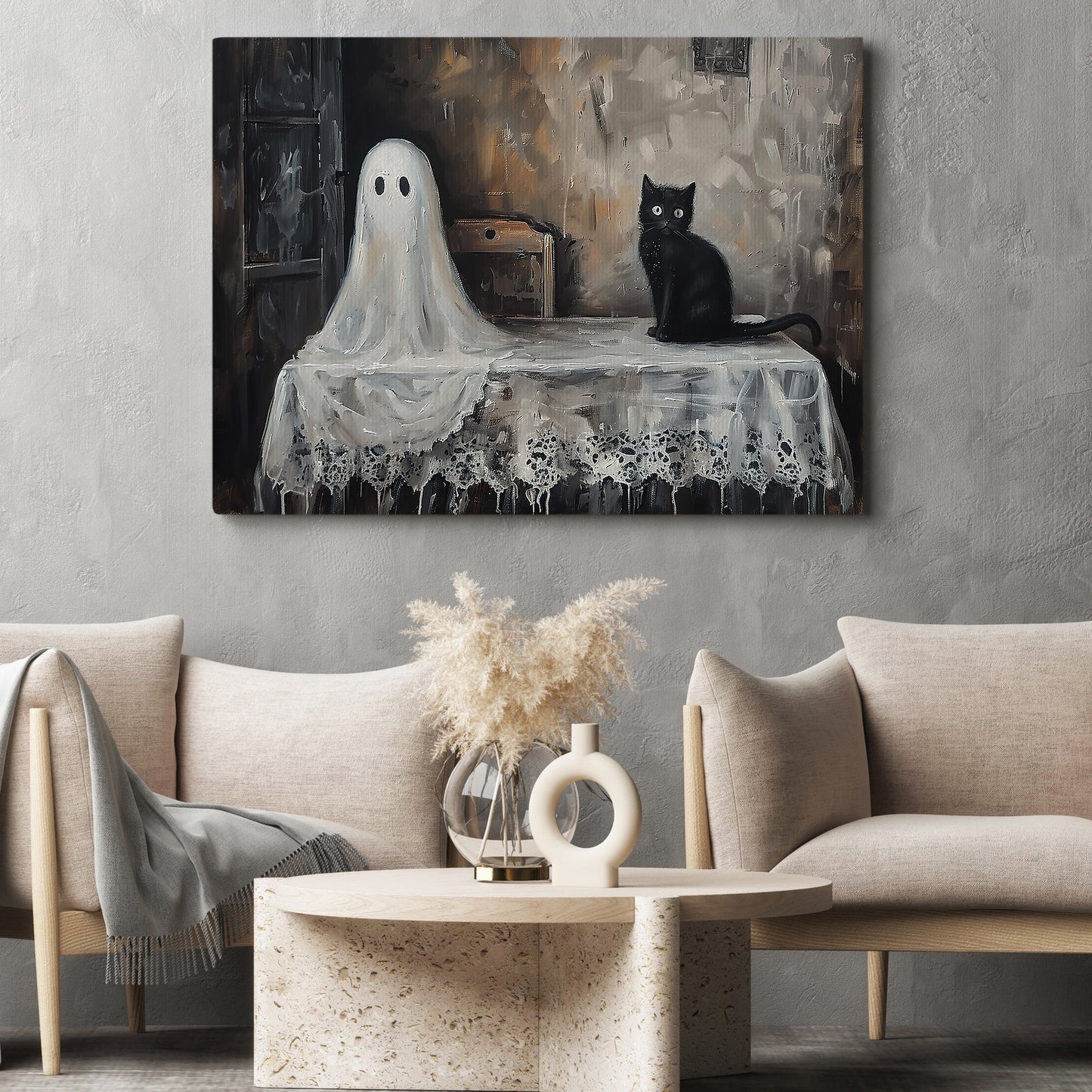 Ghostly Gaze And Feline Grace, Ghost Canvas Painting, Spooky Season Wall Art Decor, Halloween Poster Gift For Ghost Lovers