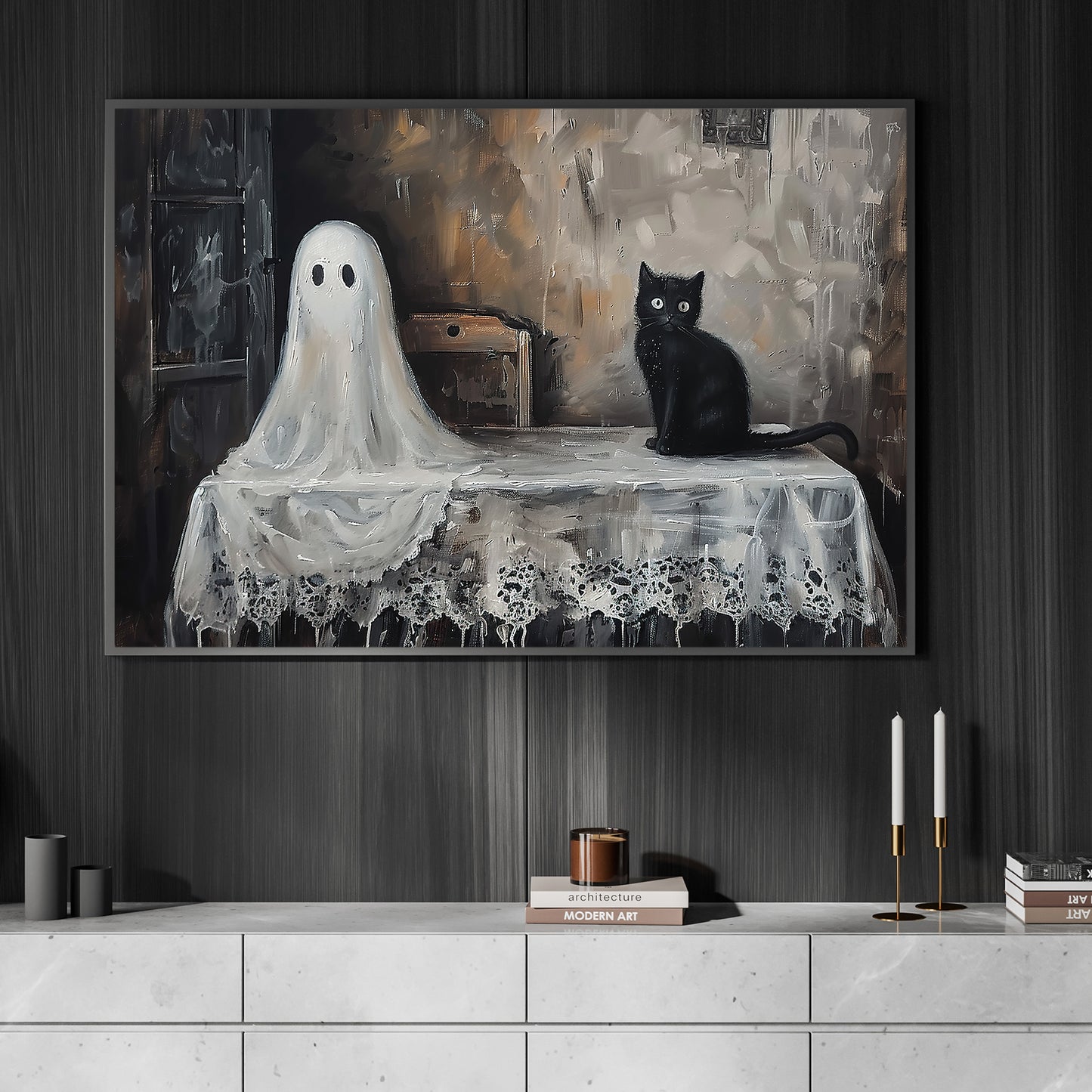 Ghostly Gaze And Feline Grace, Ghost Canvas Painting, Spooky Season Wall Art Decor, Halloween Poster Gift For Ghost Lovers