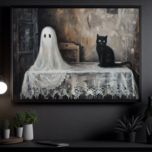 Ghostly Gaze And Feline Grace, Ghost Canvas Painting, Spooky Season Wall Art Decor, Halloween Poster Gift For Ghost Lovers