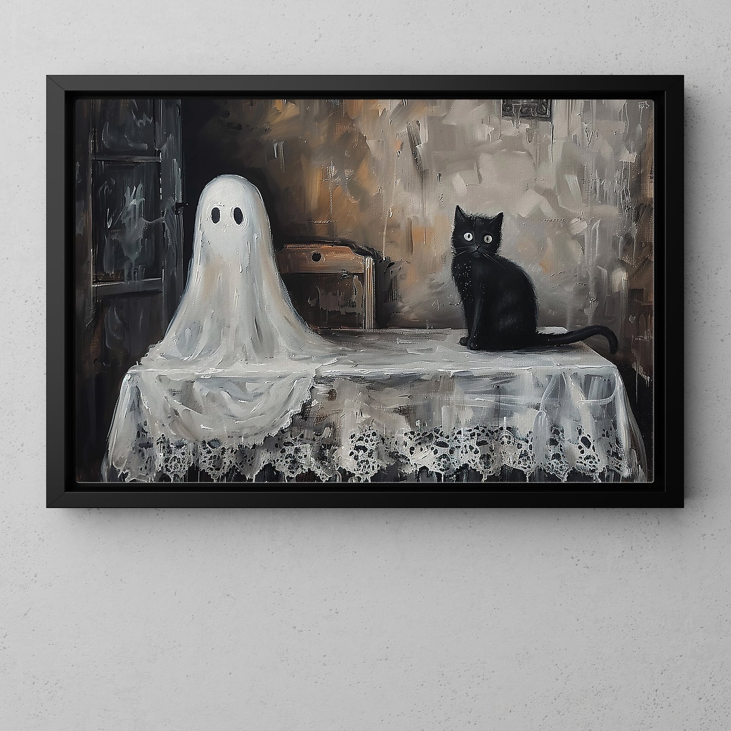 Ghostly Gaze And Feline Grace, Ghost Canvas Painting, Spooky Season Wall Art Decor, Halloween Poster Gift For Ghost Lovers